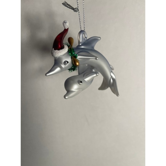Two Dolphins Christmas Ornament Santa Hat Tinsel Holiday Decor - Picture 5 of 6